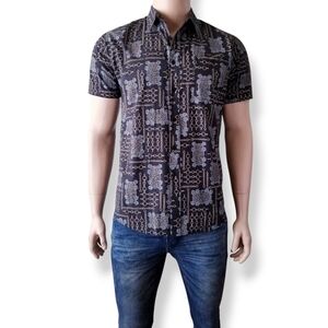 Montage Black & Gold Patterned Short Sleeve Shirt Size Medium